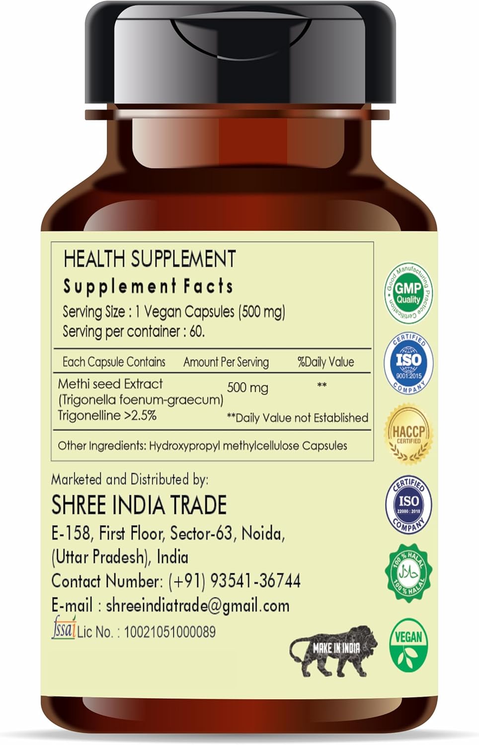 Fenugreek Seed Extract 500mg - 60 Vegetarian Capsules|Methi Seed Extract | Trigonella Foenum| All Natural | 100% Vegan | Gluten-Free | GMP Certified