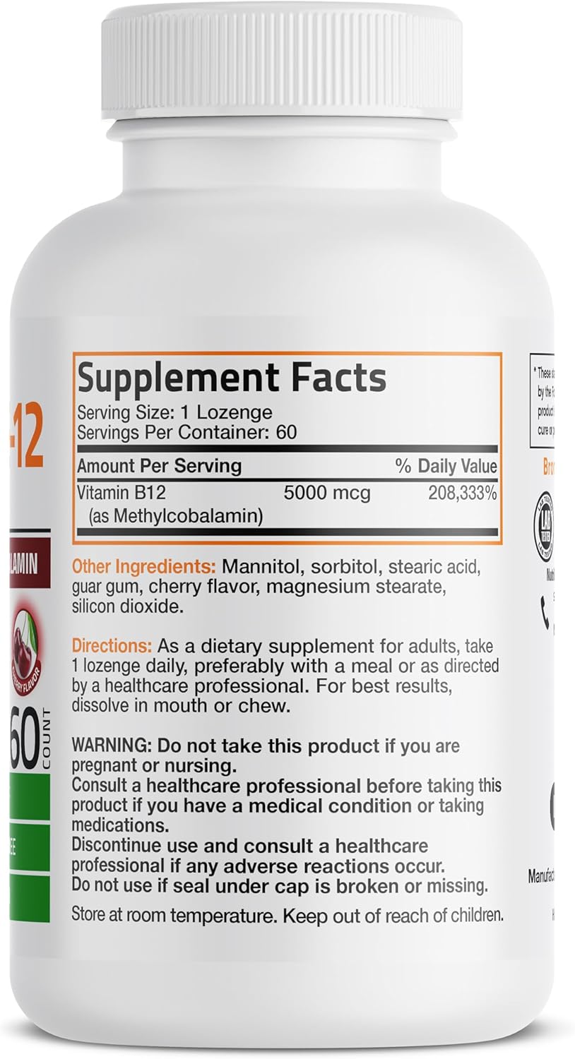Bronson Methyl B12 5000 mcg Vitamin B12 Methylcobalamin Energy & Brain Support 60 Lozenges