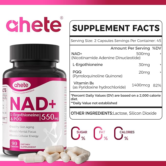 NAD Supplement with L-Ergothioneine, PQQ, Vitamin B6, and NMNH Supplement - for Cellular Health, Energy Support and Healthy Aging for Women & Men - Vegetarian, Non-GMO, Gluten Free- 90 Capsules