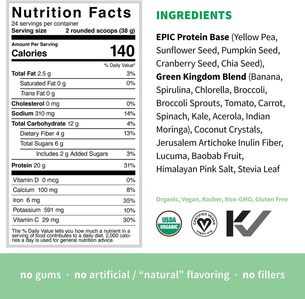 Sprout Living Epic Protein, Plant Based Protein & Superfoods Powder, Green Kingdom | 20 Grams Organic Protein Powder, Greens, Vegan, Non Dairy, Non-GMO, Gluten Free, Low Sugar (2 Pound, 24 Servings)