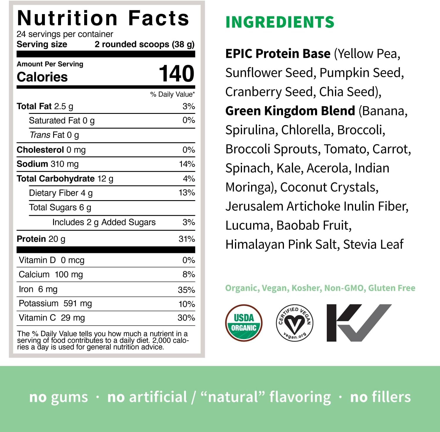 Sprout Living Epic Protein, Plant Based Protein & Superfoods Powder, Green Kingdom | 20 Grams Organic Protein Powder, Greens, Vegan, Non Dairy, Non-GMO, Gluten Free, Low Sugar (2 Pound, 24 Servings)
