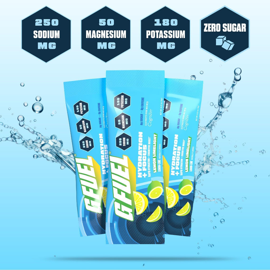 G Fuel Electrolytes Powder for Instant Hydration and Focus | Sugar Free, Lemon Lime Flavor, Electrolyte and Nootropic Drink Mix to Sharpen Mental Focus, 20 Servings