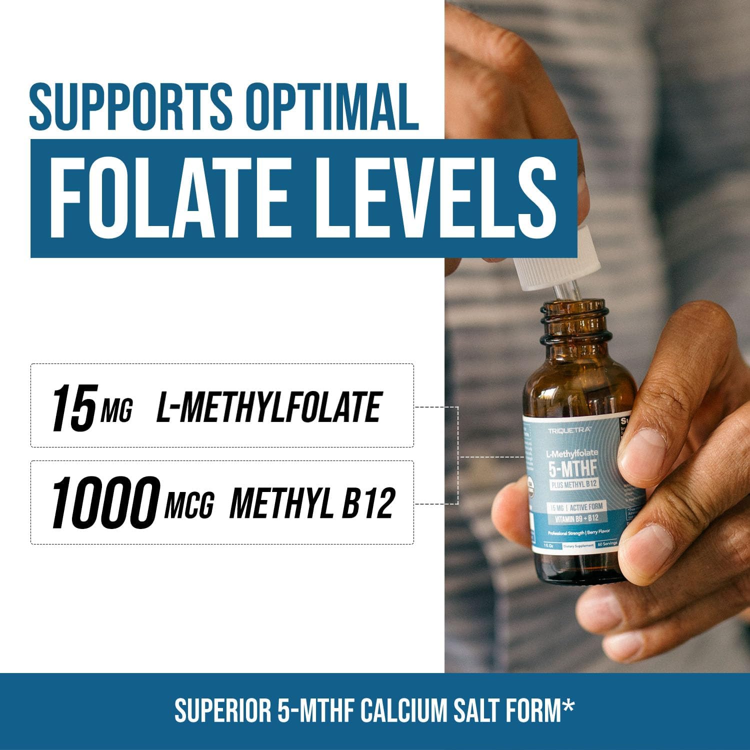 L Methyl Folate 15mg Plus Methyl B12 Cofactor – Organic Berry Flavor, High Potency Liquid Sublingual Active 5-MTHF Form - Supports Mood, Methylation, Cognition – Bioactive Forms Vitamin B9 & B12 (1oz)