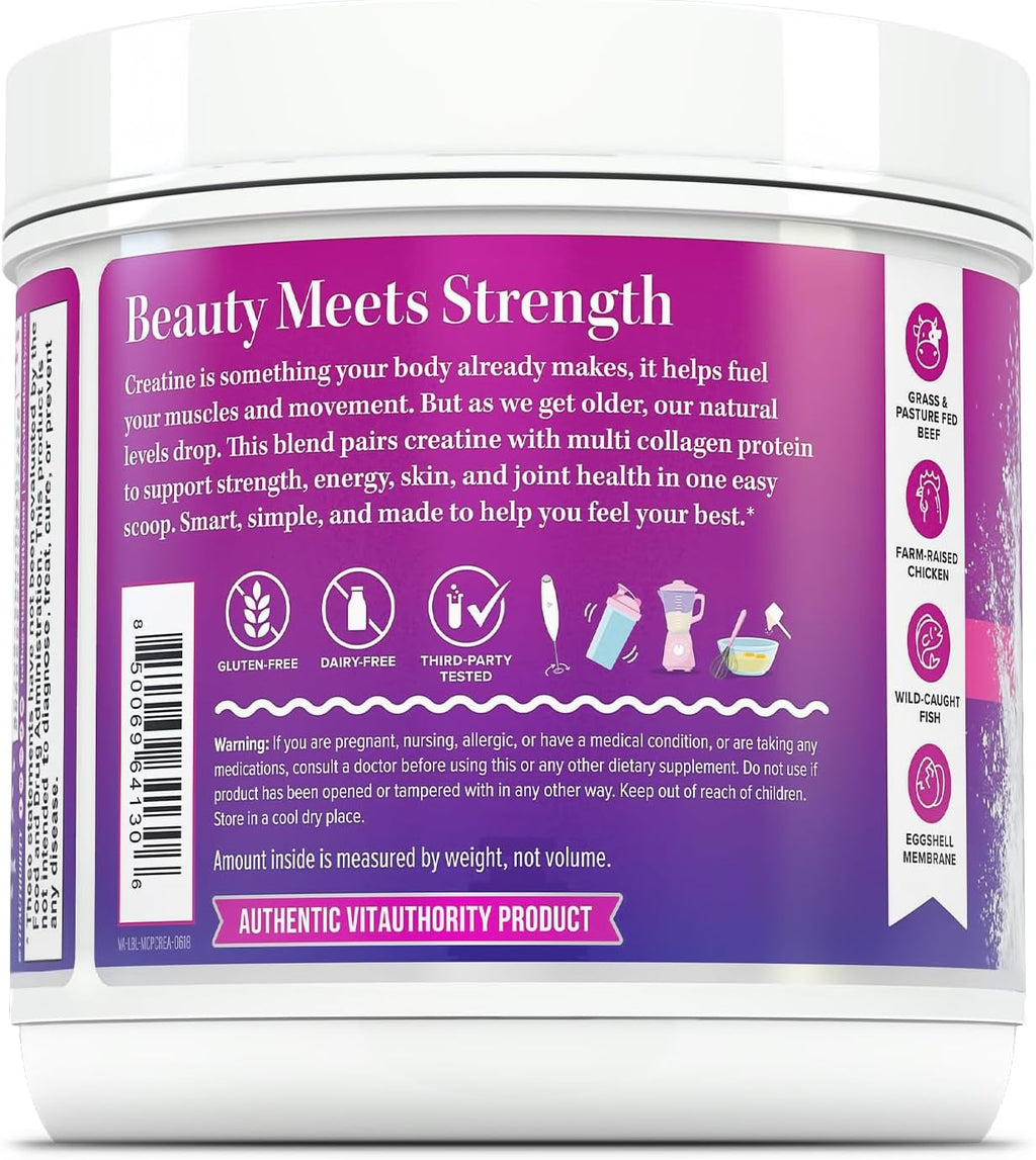 Multi Collagen Protein + Creatine | 5g Creatine Monohydrate with Collagen Types I, II, III, V & X | Hair, Skin, Nail, Muscle & Performance Support | Vitamin C & Hyaluronic Acid, 30 Servings Unflavored
