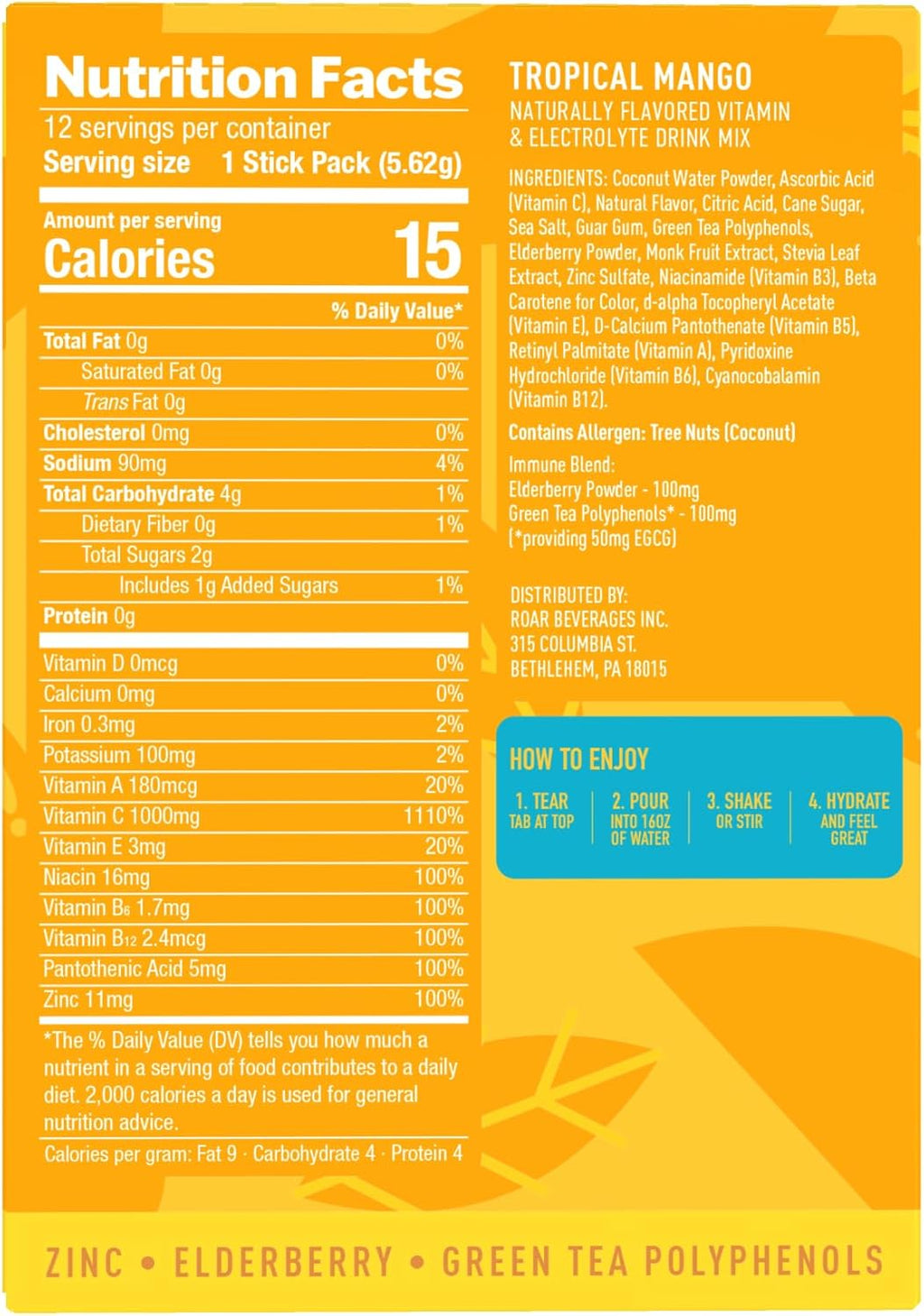 ROAR Immune Support Powder - Hydration Packets with Zinc and Elderberry - Electrolytes Powder - No GMOs, Gluten Free - Tropical Mango - 12 pc