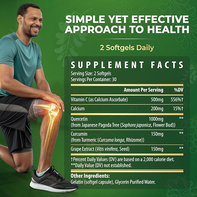 Quercetin Supplement 1000mg Softgels – Joint Health Supplement for Mobility, Flexibility & Antioxidant Boost with Turmeric, Grape Seed Extract & Non-Acidic Vitamin C – 30 Vegan Softgels