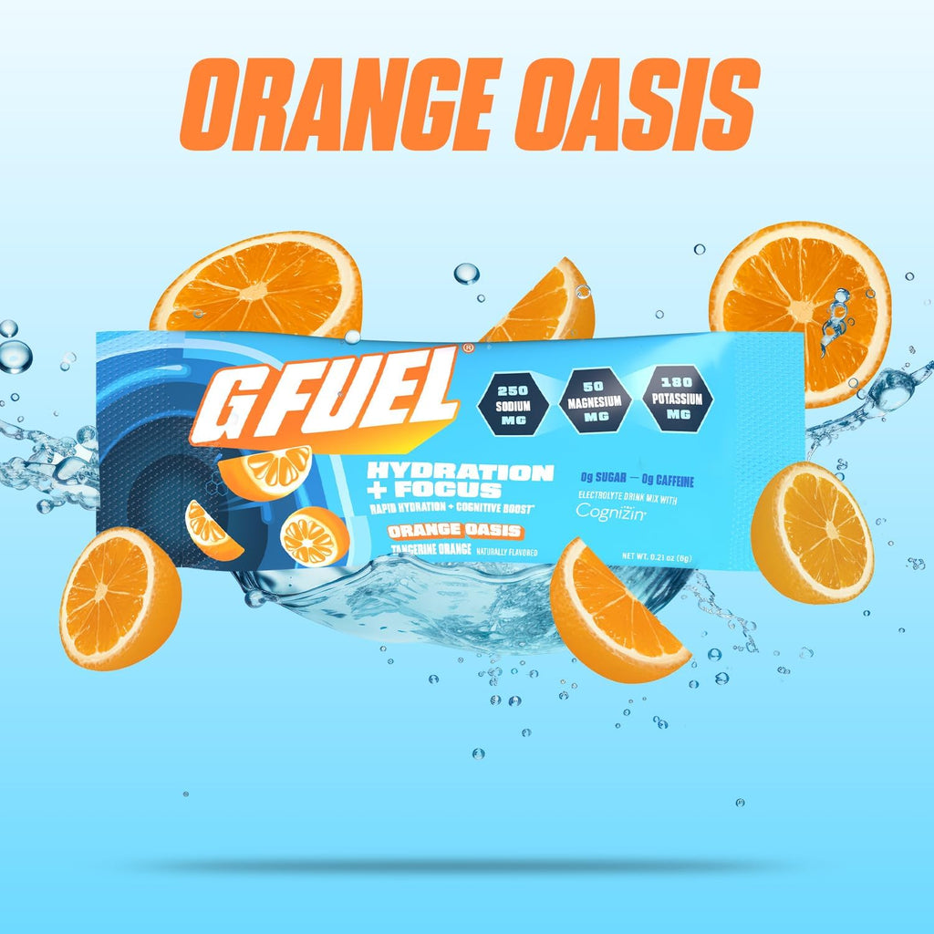 G Fuel Electrolytes Powder for Instant Hydration and Focus | Sugar Free, Orange Oasis Flavor, Electrolyte and Nootropic Drink Mix to Sharpen Mental Focus, 20 Servings