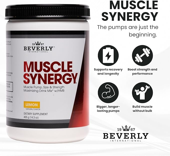 Beverly International Muscle Synergy 405g (Lemon Powder 14.3 oz) Dramatic Muscle Pump, Size & Strength Maximizing Drink Mix w/HMB. L-Arginine, L-Citrulline, Creatine Monohydrate, L-Ornithine