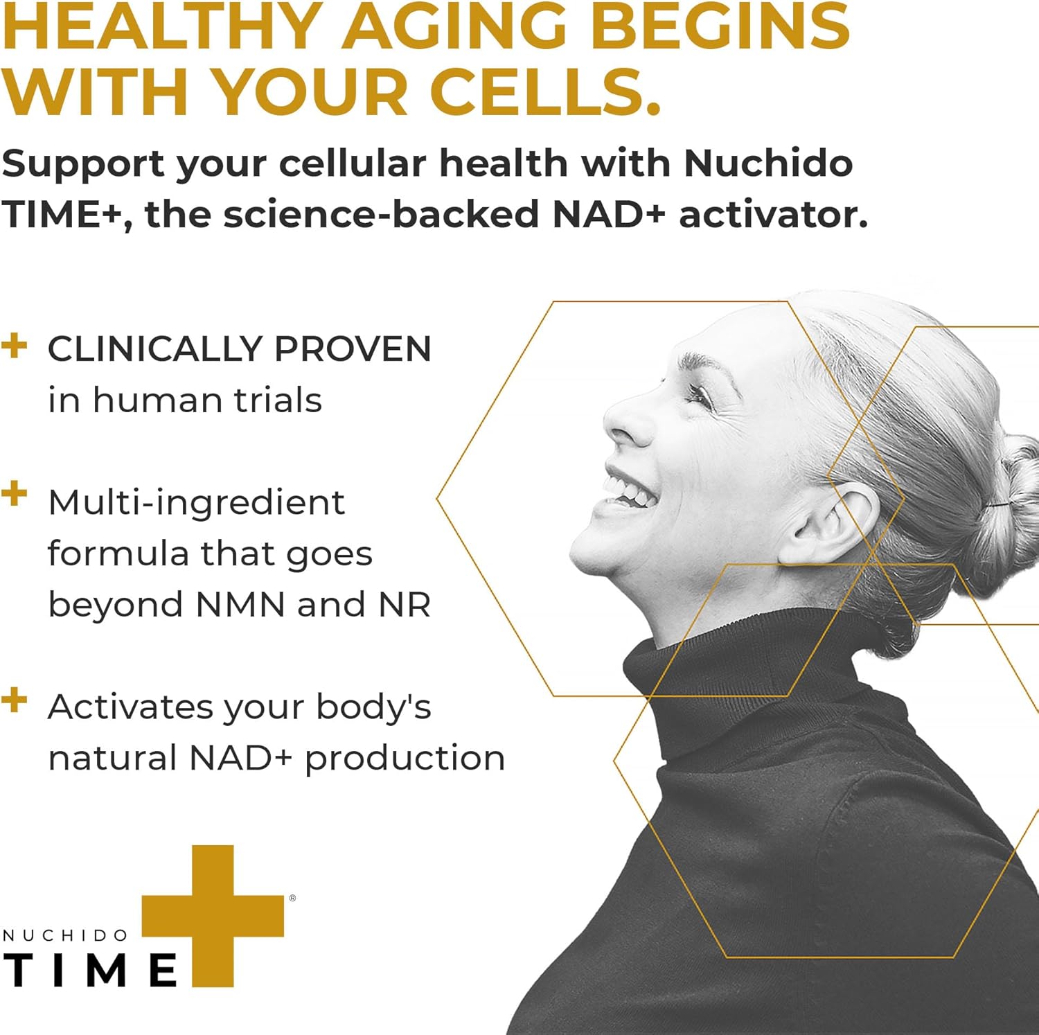 Nuchido Time+ NAD Supplement for Men & Women - Advanced Formula for Healthy Aging, Energy, Focus, Cellular Health & Longevity - Nicotinamide, Alpha Lipoic Acid, Quercetin - 90 Capsules