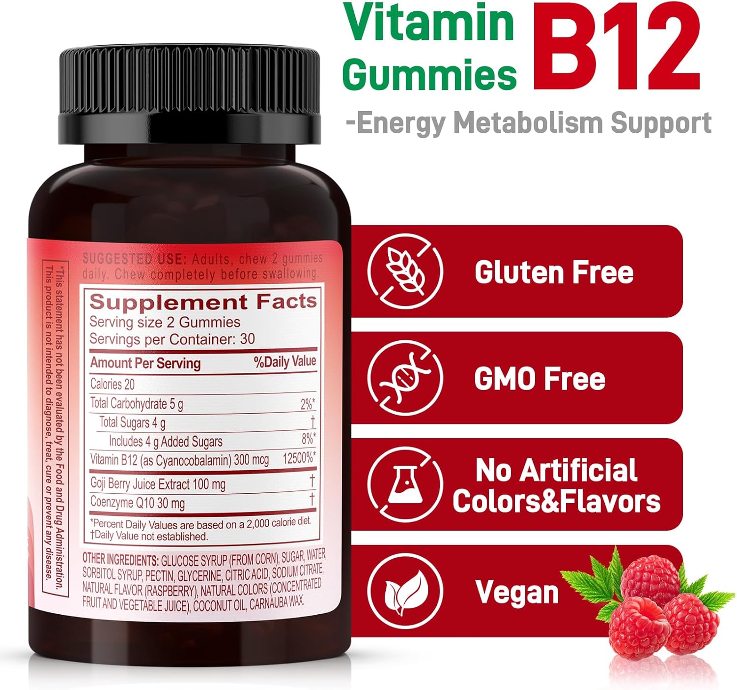 Natural Energy Gummies with Vitamin B12, Goji, CoQ10, Energy Support & Metabolism Support Chewable Supplement,GMO Free, Gluten Free(Raspberry, 120 Count)