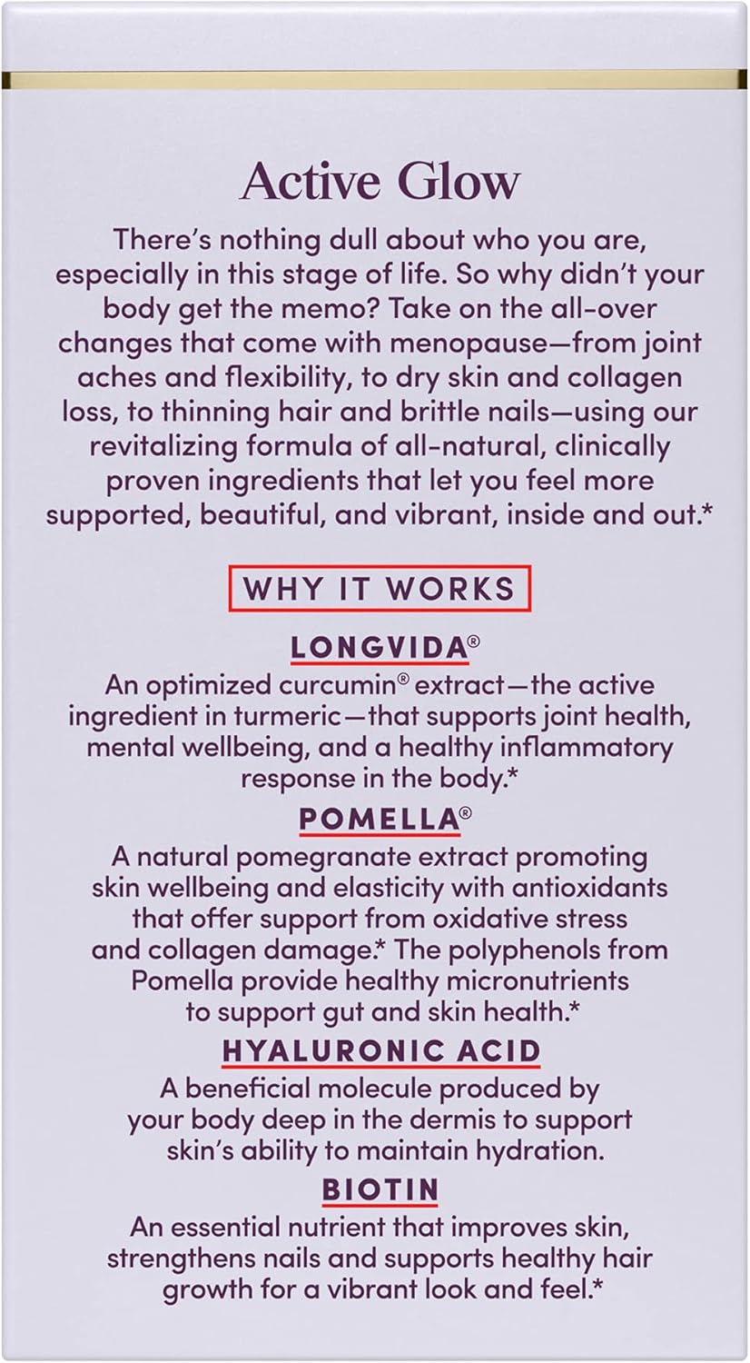 Womaness Active Glow Hair Skin and Nails Vitamins - Biotin, Longvida Curcumin & Hyaluronic Acid Supplements for Joint Health, Dry Skin & Thinning Hair (30 Capsules)