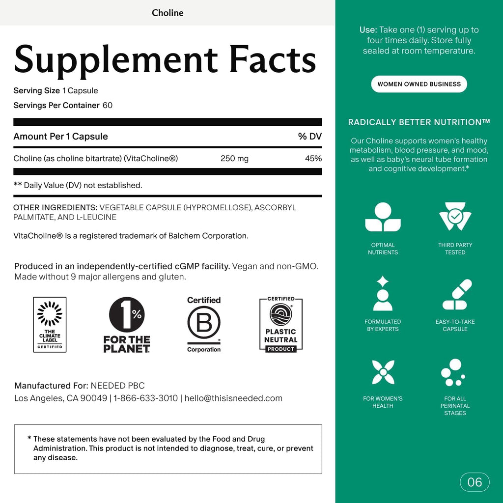 Needed. Prenatal Choline for Cognitive Development - Choline Supplement Aids Baby Brain Development - Supports Healthy Pregnancy & Metabolism - Third Party Tested - 60 Capsules