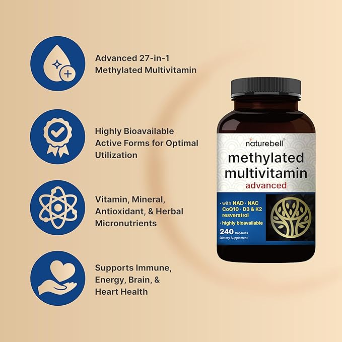 Methylated Multivitamin, 240 Capsules | Highly Bioavailable – 27 Advanced Nutrients – Vitamins A, C, D3, K2 + B Complex with Methylfolate, Methylcobalamin & NAD, NAC, CoQ10, Resveratrol, & Magnesium