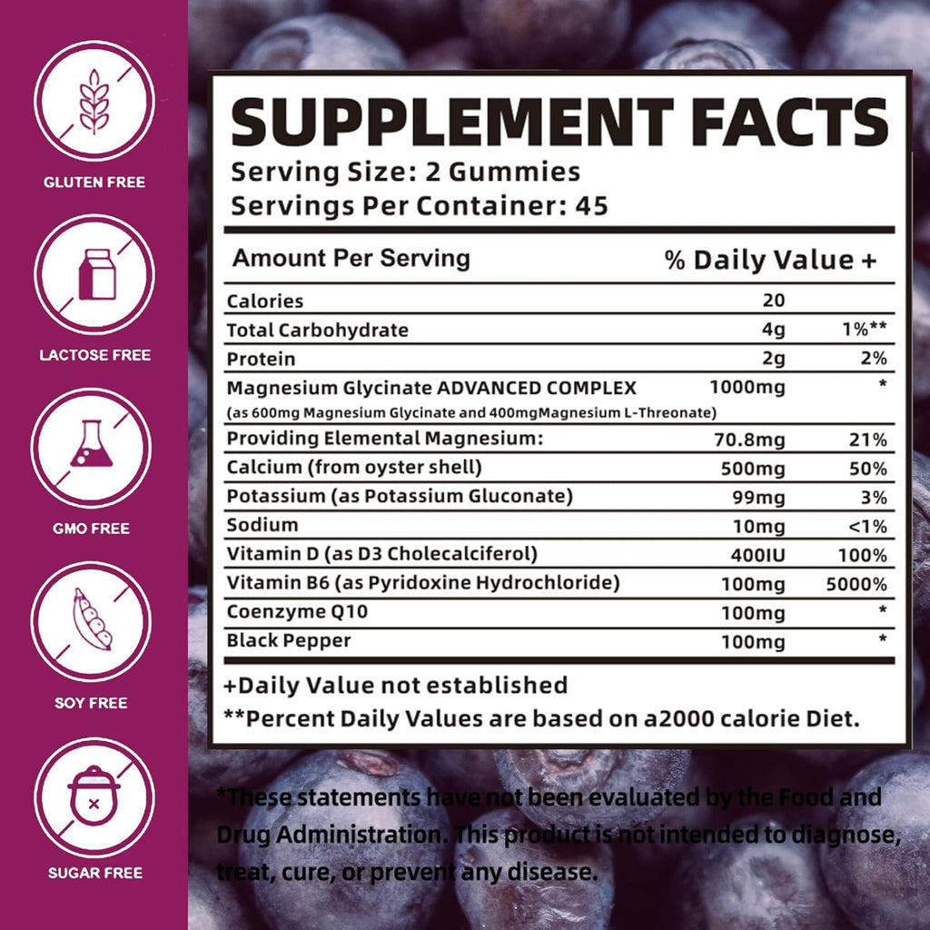 Magnesium Glycinate Gummies 1000mg with Magnesium L-Threonate,Chelated Magnesium Potassium Complex Supplement with VitD, B6, CoQ10, Calcium,Supports for Memory, Calm, Mood - 90 Elderberry Gummies