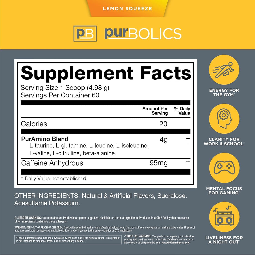 Purbolics Aminos + Energy, Supports Recovery, Energy & Focus, 95mg of Caffeine, 0 Sugar & 60 Servings (Lemon Squeeze)