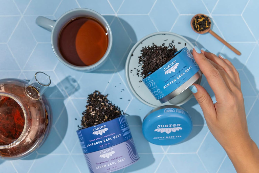 JusTea EARL GREY TEA TRIO | Stacking Tins Variety Pack with Hand Carved Tea Spoon | Loose Leaf Tea | High Caffeine | Fair Trade | Non-GMO
