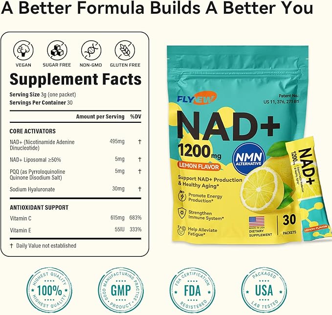 NAD Supplement, NAD Supplement w/ PQQ, HA, VC, VE, NAD+ Supplements Support Healthy Aging, Stamina, Cellular Health & Energy for Women Men, Liposomal ≥50% Absorption , Non-GMO, 30 Packs, Lemon Flavor