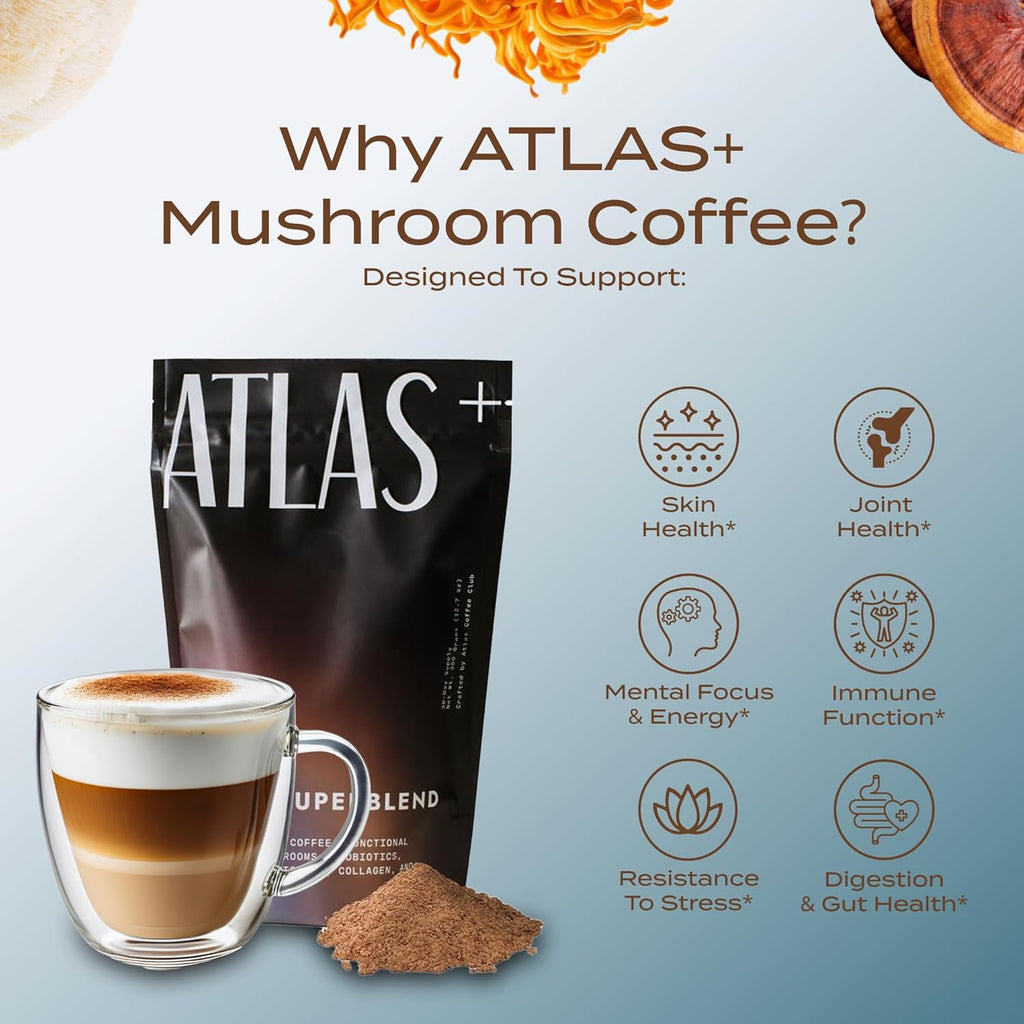 Atlas+ Coffee Superblend– Premium Mushroom Coffee with Collagen, Probiotics, D3 & B12, Lion’s Mane, Reishi, Cordyceps– for Energy, Focus, Immunity & Gut Health– 56 Servings (2 Bags)