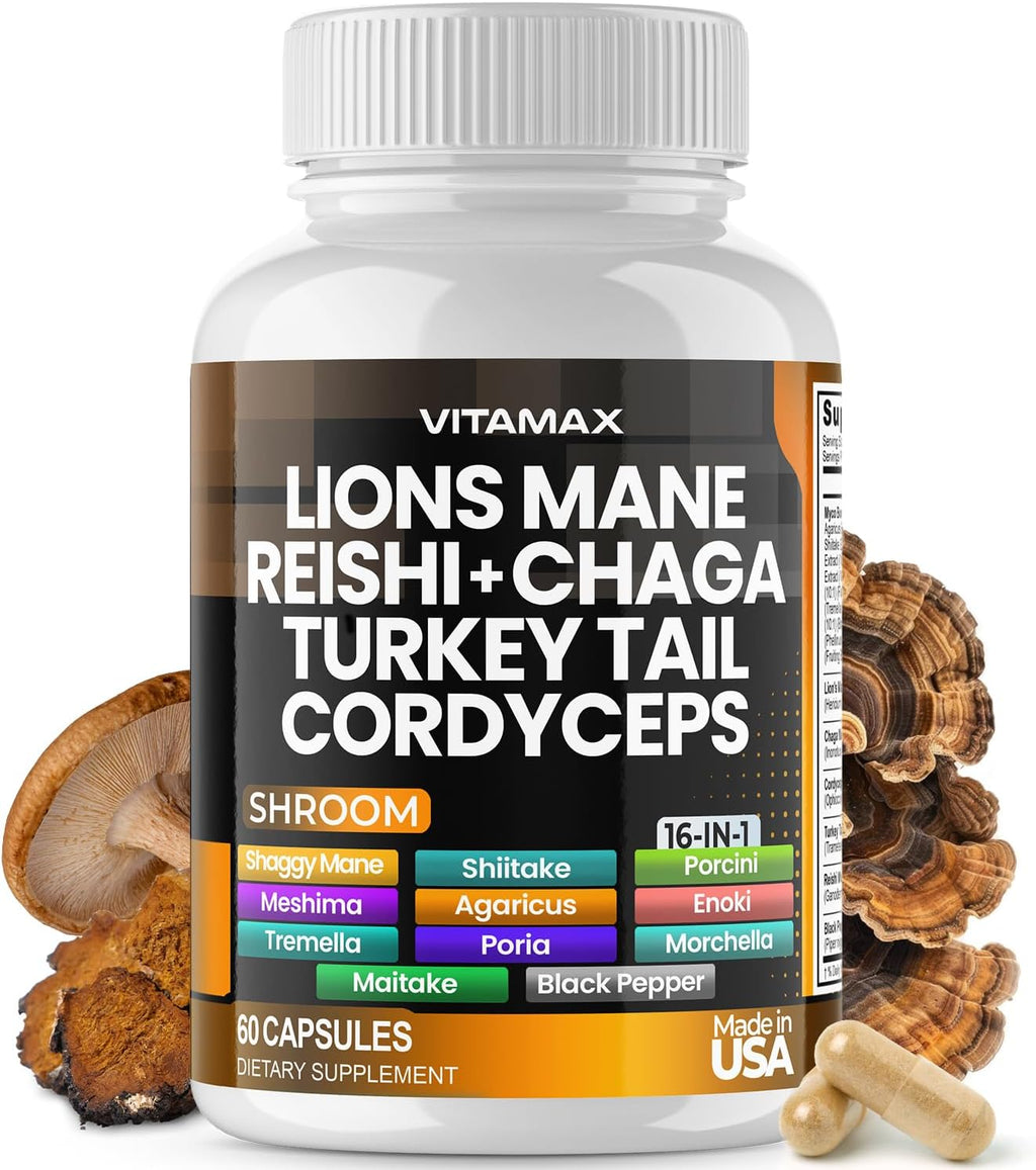 Lions Mane Mushroom, Turkey Tail, Chaga & Reishi, Cordyceps Shiitake White Elm King Trumpet Nameko Oyster Porcini Focus & Energy - Made in USA (60 Capsules (Pack of 1))