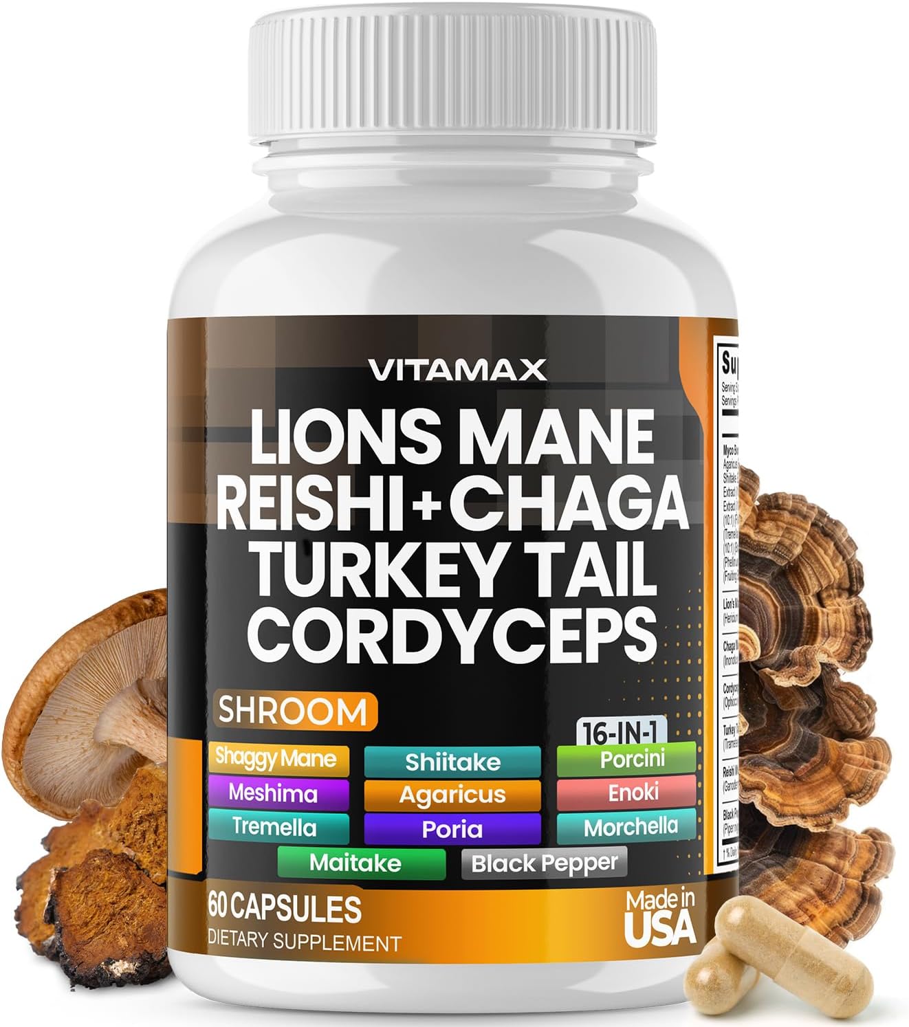 Lions Mane Mushroom, Turkey Tail, Chaga & Reishi, Cordyceps Shiitake White Elm King Trumpet Nameko Oyster Porcini Focus & Energy - Made in USA (60 Capsules (Pack of 1))