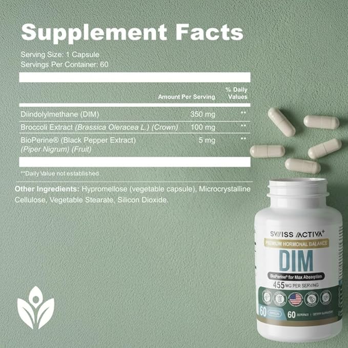 Swiss Activa+ Labs DIM Supplement – Hormone Balance for Women & Men – Estrogen Supplement for Women and Men– Supports Hormonal Acne & Menopause Symptoms| Gluten Free, Non-GMO & Vegan – 60 Days Supply