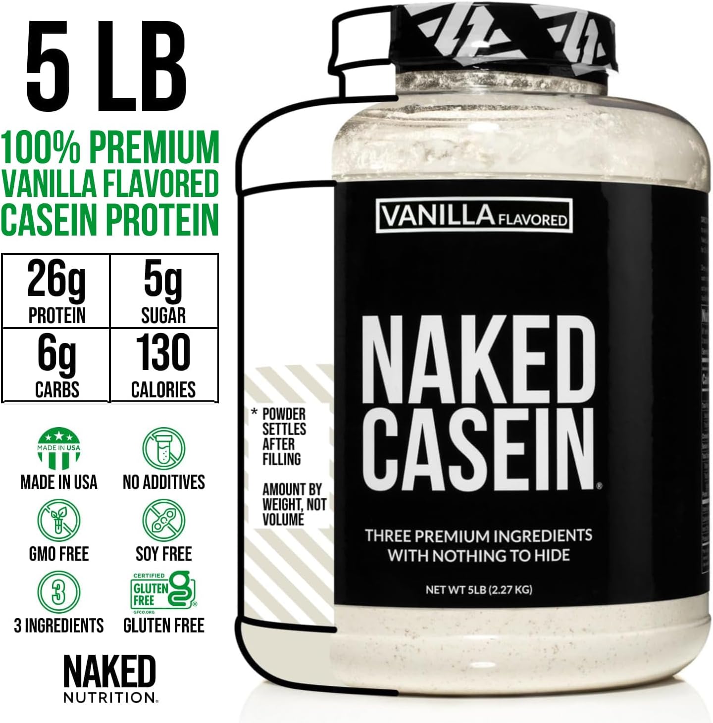 NAKED Casein - Vanilla Micellar Casein Protein - 5 Pound Bulk, GMO-Free, Gluten-Free, Soy-Free, Preservative-Free - Stimulate Muscle Growth - Enhance Recovery - 61 Servings