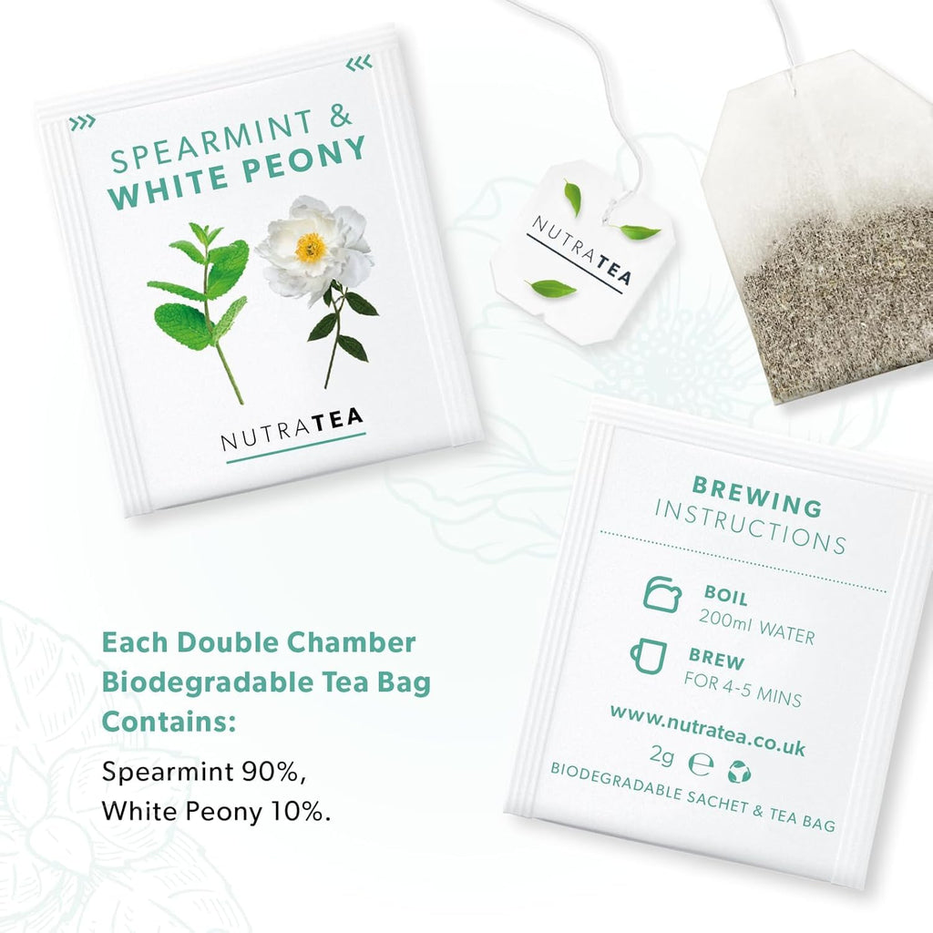 Nutra Tea - Spearmint & White Peony – Spearmint Tea, PCOS Tea - For Digestion, Women's Health & Acne - 120 Individually Wrapped Bags - Herbal Infusion (6 Pack)
