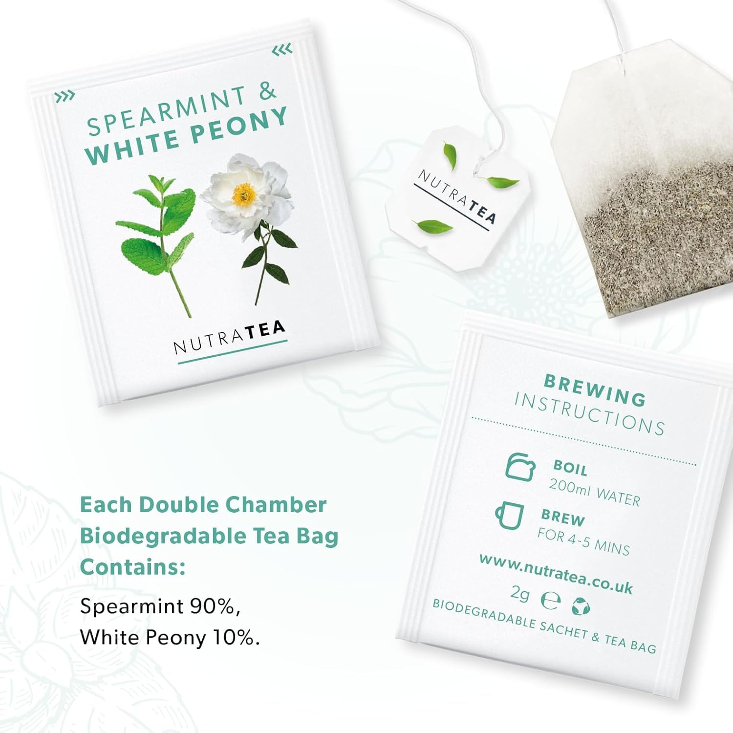 Nutra Tea - Spearmint & White Peony – Spearmint Tea, PCOS Tea - For Digestion, Women's Health & Acne - 120 Individually Wrapped Bags - Herbal Infusion (6 Pack)