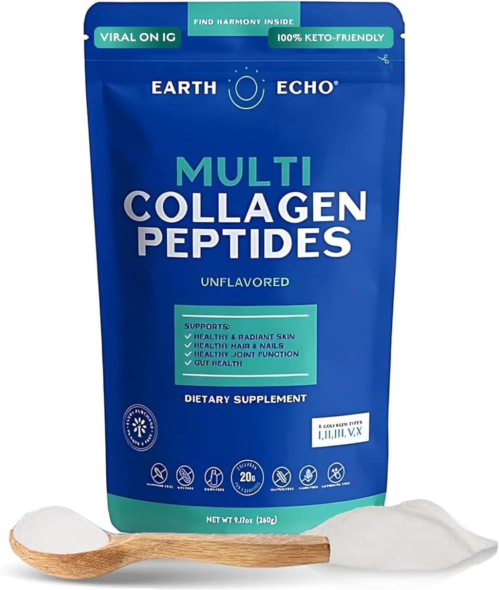 Earth Echo Multi Collagen Peptides, Hydrolyzed Collagen with Vitamin C and Hyaluronic Acid, Supports Radiant Skin, Healthy Joints, Gut Health and Immune Function, Dairy-Free, 26 Servings