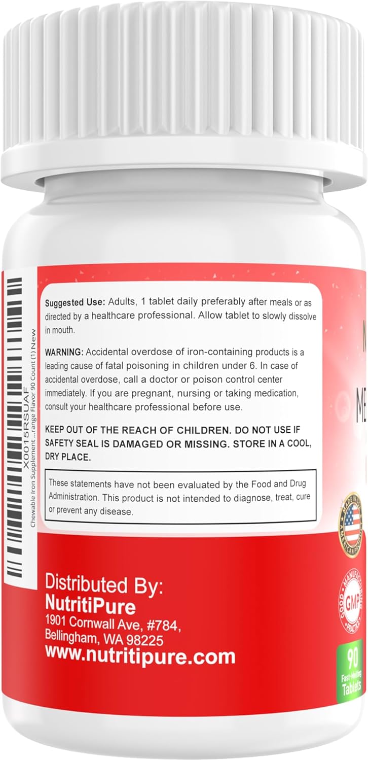 Chewable Iron Supplement for Women/Men(Carbonyl Iron 18 mg with Vitamin C 30 mg) Tablet in Orange Flavor 90 Count (1)