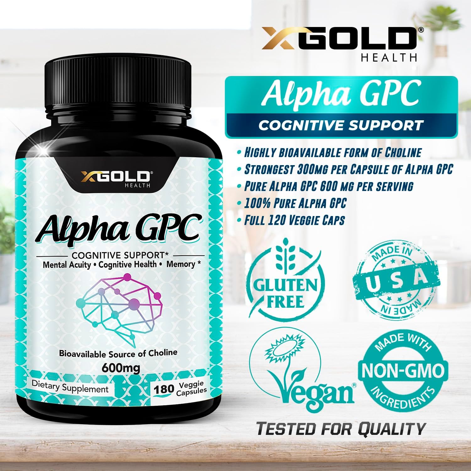 Alpha GPC Choline Supplement 600mg, 99%+ Highly Purified, Highly Bioavailable Source of Choline,180 Veggie Capsules, Cognitive Enhancer Nootropic, Supports Memory & Brain Function, Boosts Focus & Mood
