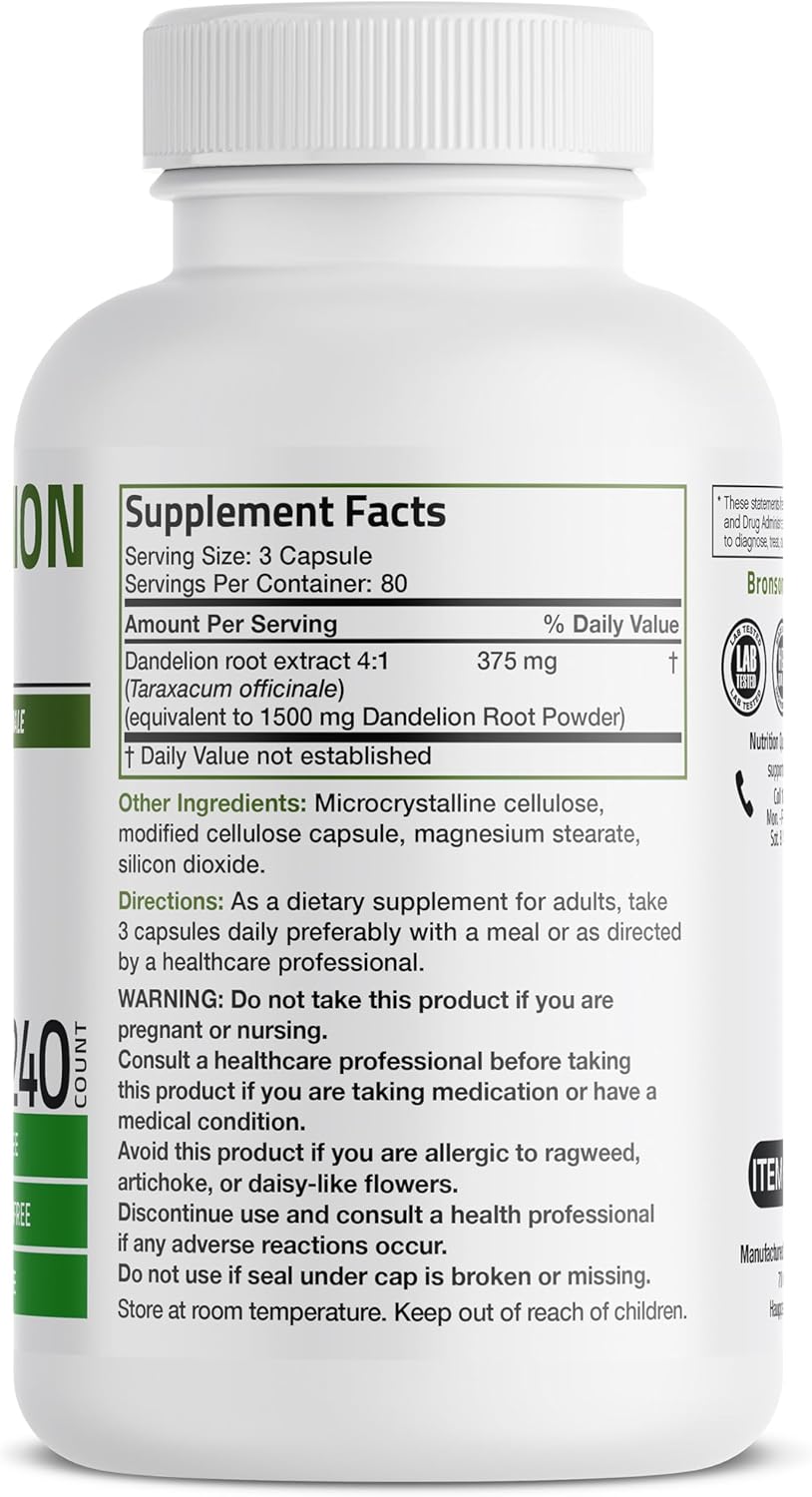 Bronson Dandelion Root High Potency Supplement, Supports Overall Good Health & Well-Being, Traditional Diuretic Herb - Non-GMO, 240 Vegetarian Capsules