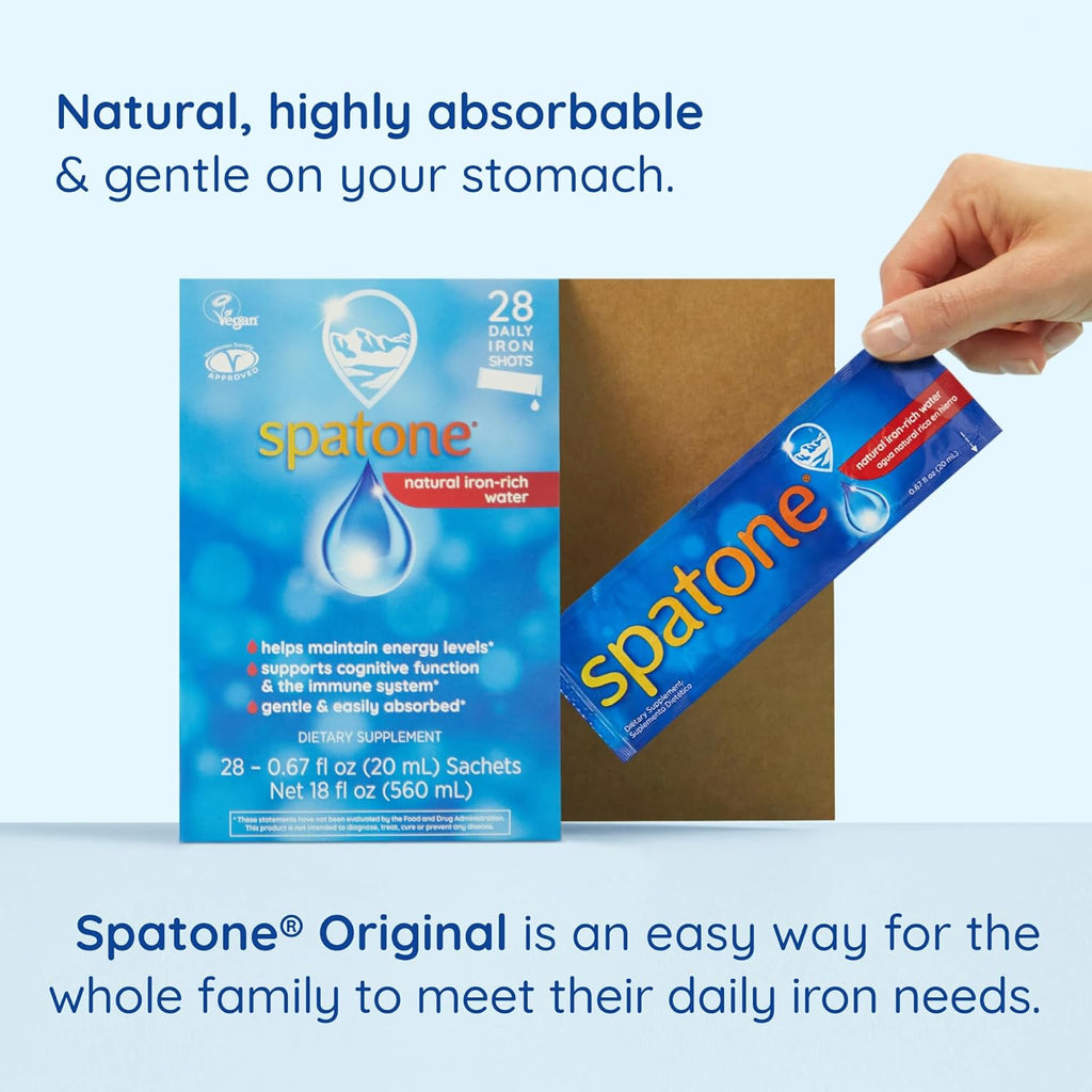 Spatone Natural Liquid Iron Supplement for Women - Men & Kids Ages 4+ - Ideal During Pregnancy - Easily Absorbed & Gentle - Vegan - Vegetarian - Original Flavor - 28-Day - 5mg of Iron Per 20mL Sachet