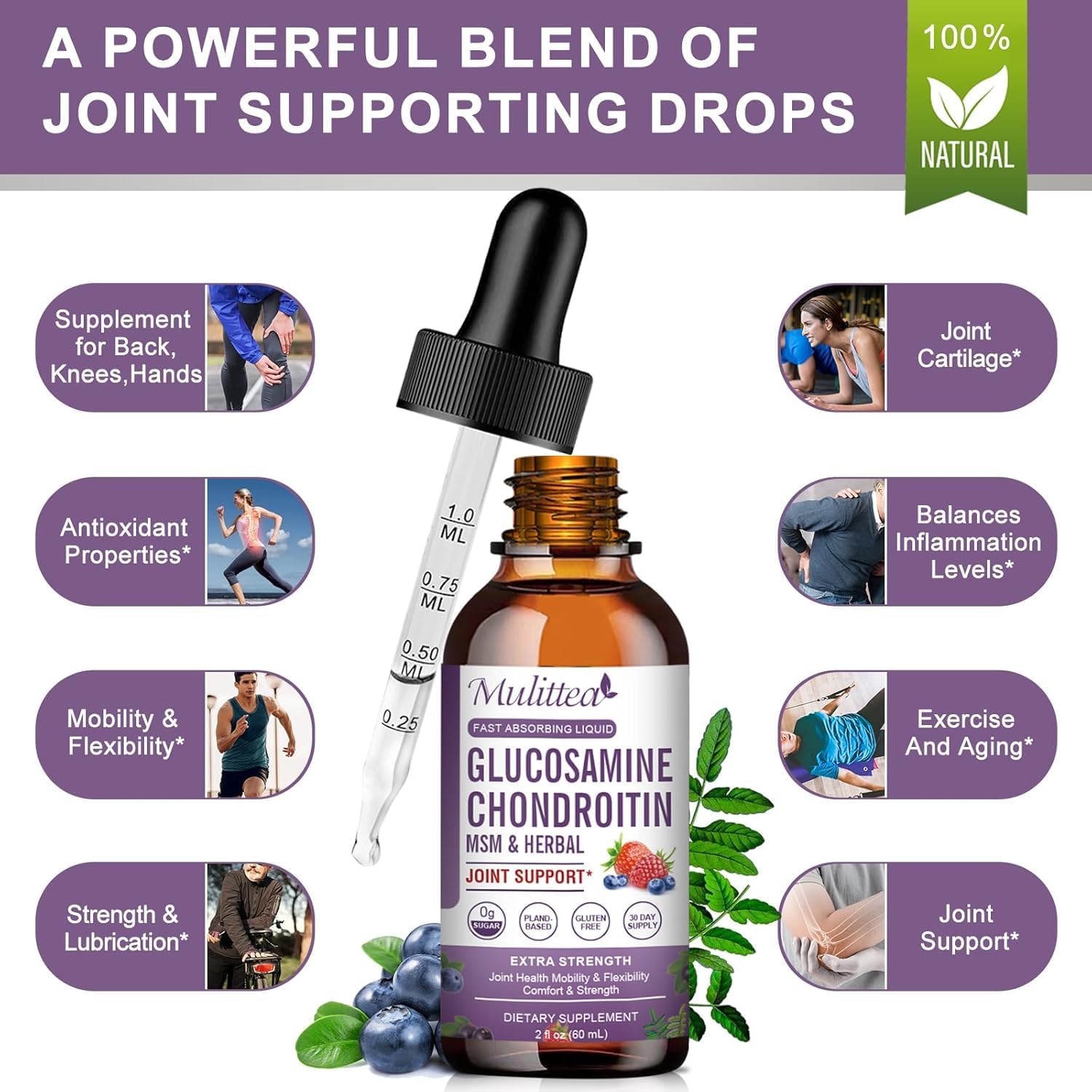 Glucosamine Chondroitin MSM Liquid Drops-w/Elderberry, Boswelia &Hyaluronic Acid-Extra Strength Joint Support Supplement for Mobility, Flexibility & Bones,High Absorption,60ml (2 fl oz)
