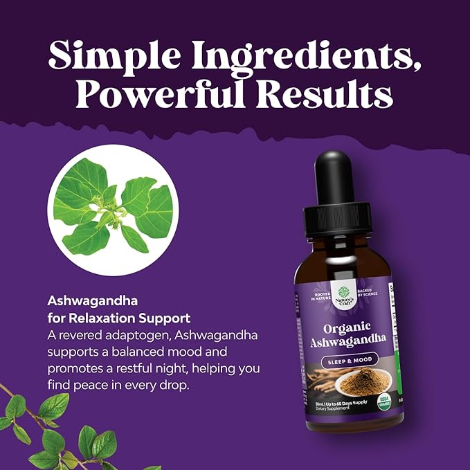 USDA Organic Ashwagandha Liquid Drops - Ashwagandha Root Extract for Stress and Mood Support - Delicious Pure Adaptogen Drops for Adults - Alcohol-Free Herbal Tinctures for Rest - 30 ml Bottle