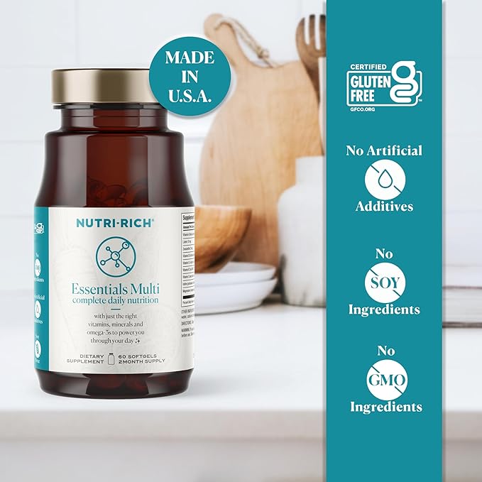 Nutri-Rich Essentials Multi | Multivitamin Supplement with Fish Oil Omega-3 for Men and Women, Supports Energy, Immune Health, Vitamin A, C, D3, E, K2, and Zinc, Non-GMO, Gluten Free (60 Count)