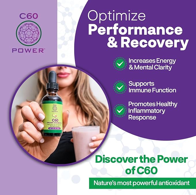 C60 Power C60 in Organic Avocado Oil - Natural Wellness & Antioxidant Support for Men & Women, 99.99% Pure Carbon Fullerenes, Promotes Energy, Mental Clarity, & Stamina - 8 fl oz Bottle
