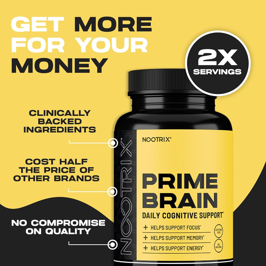 Prime Brain Nootropic Supplement | Supports Memory, Mental Focus, Cognitive Health & Energy | Promotes Healthy Mood & Brain Function | Ginkgo Biloba, Lion's Mane & L Theanine | 180 Capsules