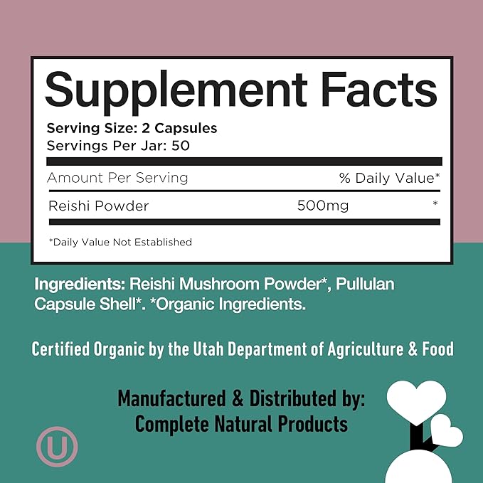 Complete Natural Products Organic Reishi Mushroom Capsules, 250mg, 100ct | Fruiting Body Extract | Plant-Based | Adaptogenic Support | Made in USA | Organic & Kosher Capsules