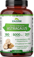 Zazzee Extra Strength Astragalus Root 20:1 Extract, 5000 mg Strength, 70% Polysaccharides, 180 Vegan Capsules, 6 Month Supply, 100% Vegetarian, Standardized and Concentrated 20X Extract, Non-GMO