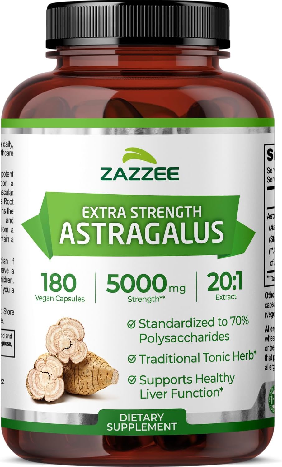 Zazzee Extra Strength Astragalus Root 20:1 Extract, 5000 mg Strength, 70% Polysaccharides, 180 Vegan Capsules, 6 Month Supply, 100% Vegetarian, Standardized and Concentrated 20X Extract, Non-GMO