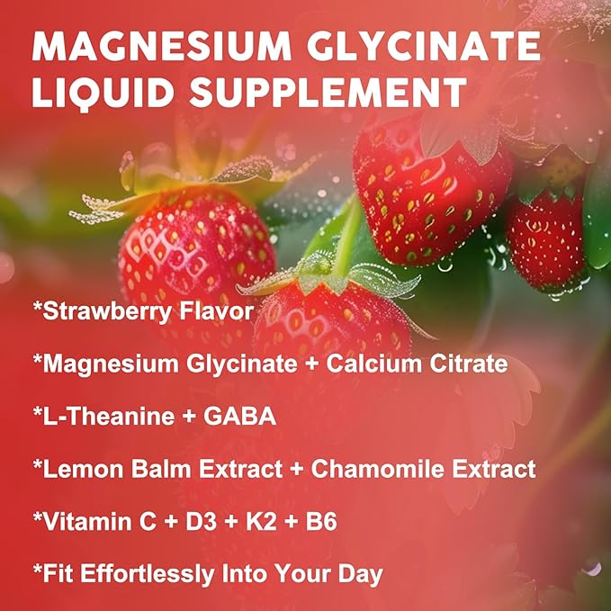 Magnesium Glycinate Drops for Kids - Relaxation & Cognition Support - 200mg Liquid Magnesium Glycinate Supplement with L-Theanine, GABA, B6, D3, K2 - Sugar Free, Strawberry Flavor - 1 Fl Oz (2 Pack)