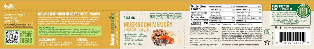 BareOrganics Mushroom Memory Blend Powder – Organic Superfood Mushroom Supplement with Lion’s Mane, Reishi, Maitake & Turkey Tail, Vegan Adaptogenic Powder - 4 oz
