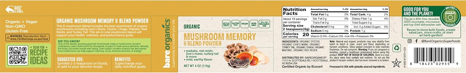 BareOrganics Mushroom Memory Blend Powder – Organic Superfood Mushroom Supplement with Lion’s Mane, Reishi, Maitake & Turkey Tail, Vegan Adaptogenic Powder - 4 oz