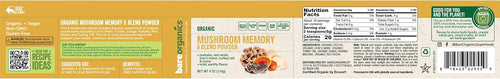 BareOrganics Mushroom Memory Blend Powder – Organic Superfood Mushroom Supplement with Lion’s Mane, Reishi, Maitake & Turkey Tail, Vegan Adaptogenic Powder - 4 oz