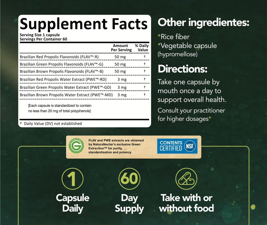 NaturaNectar - Ultimate Bee Propolis Capsules - NSF Contents Certified -Brazilian Red, Brown, & Green - Gluten-Free Supplement with Flavonoids - Naturally Sourced Through Ethical Beekeeping (60pcs.)