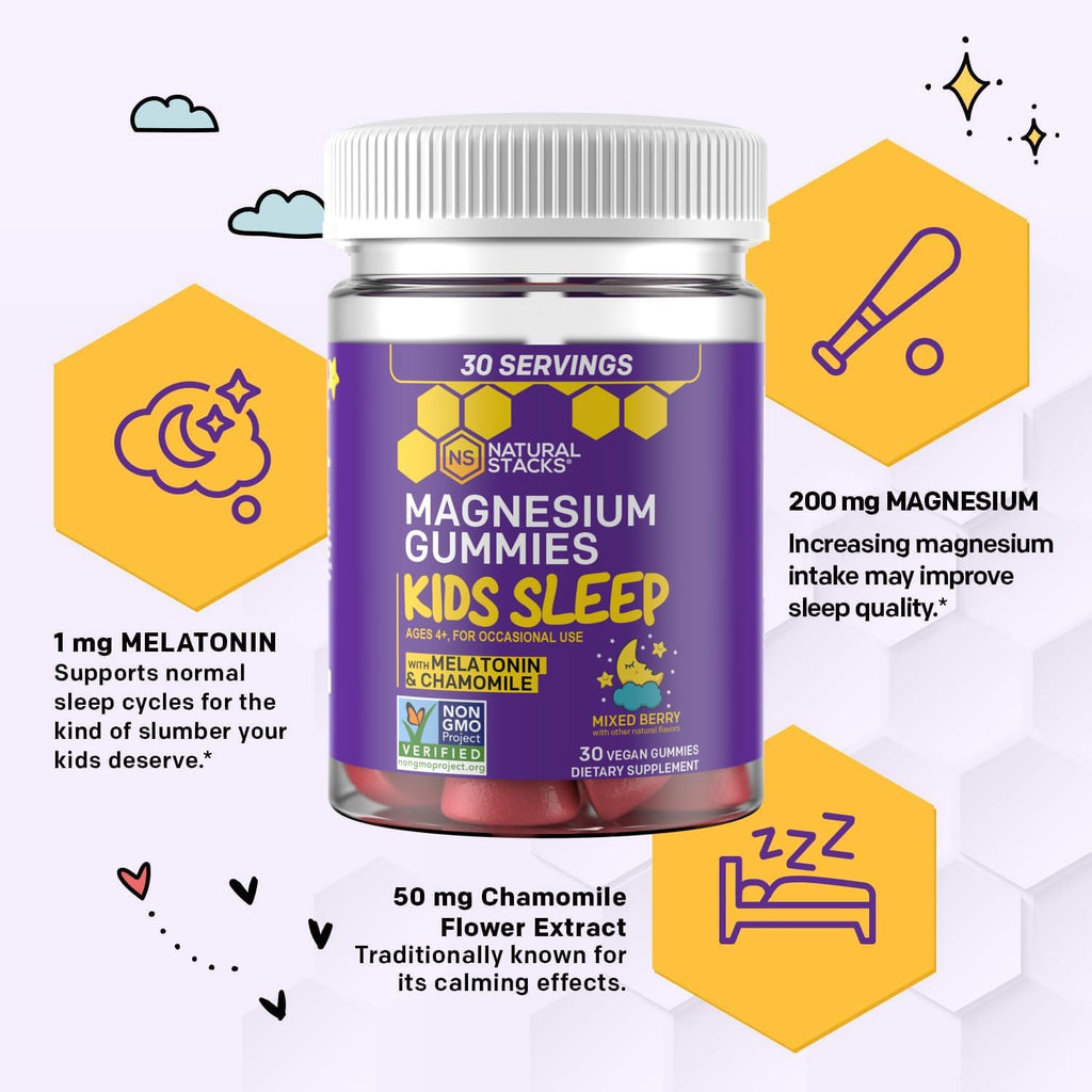 Natural Stacks Kids Sleep Magnesium Gummies with Melatonin - 100mg Magnesium Citrate - Melatonin Gummies for Sleep Quality - Nighttime Aid for Kids with Chamomile - 30 Mixed Berry Chewables