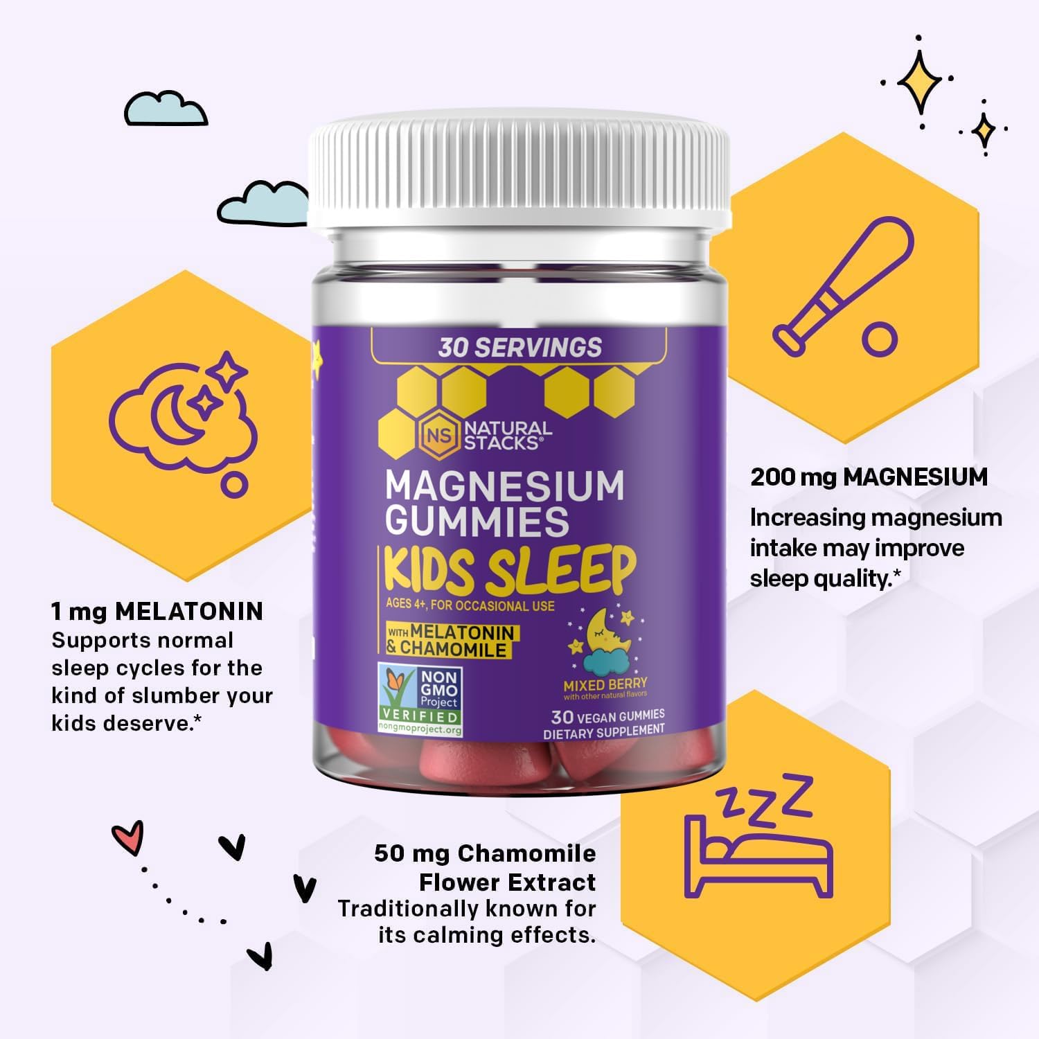 Natural Stacks Kids Sleep Magnesium Gummies with Melatonin - 100mg Magnesium Citrate - Melatonin Gummies for Sleep Quality - Nighttime Aid for Kids with Chamomile - 30 Mixed Berry Chewables