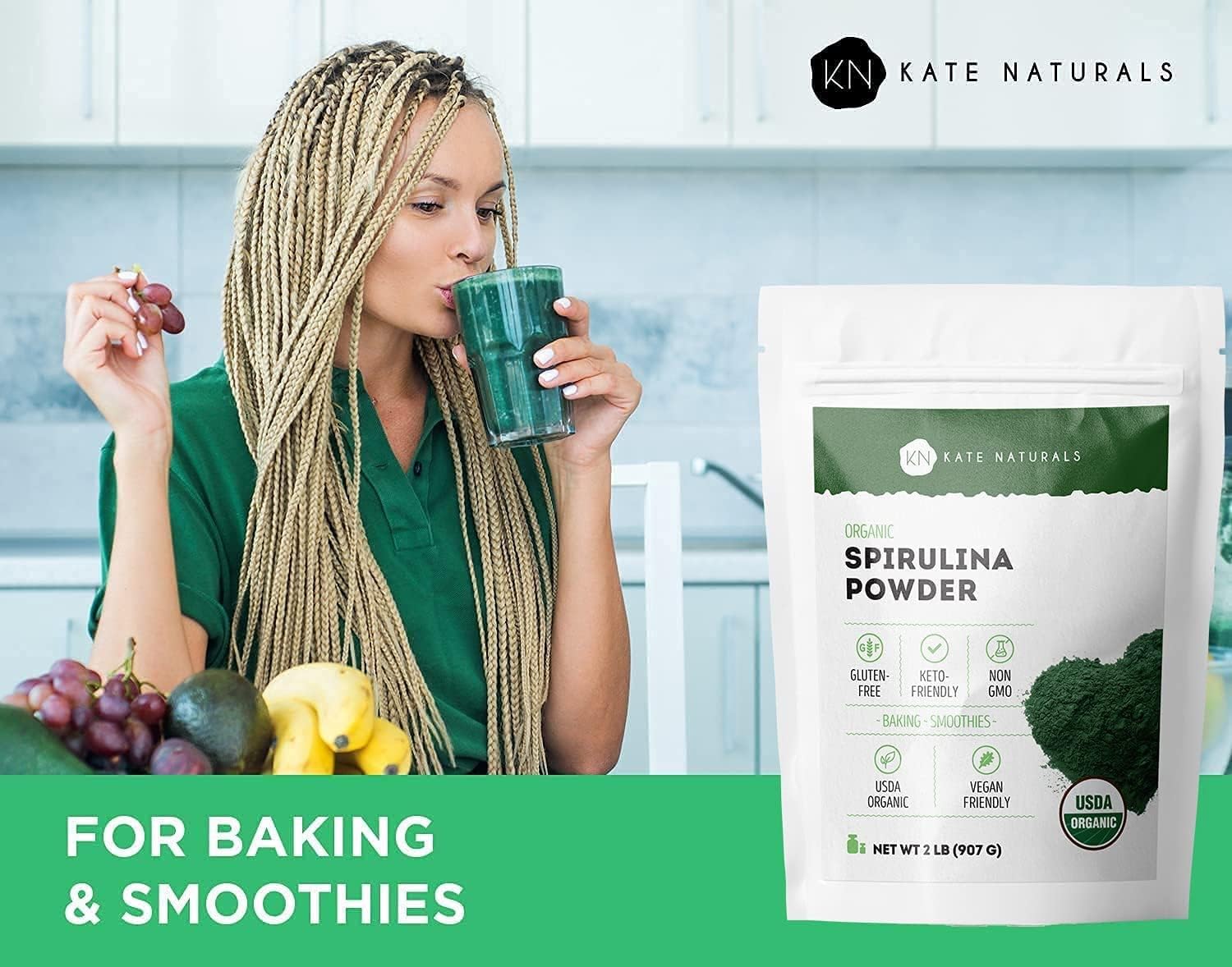 Kate Naturals Organic Spirulina Powder. Nutrient Dense Superfood for Smoothies and Juice (2 lb, USDA Certified, Non-GMO, Gluten- Free)