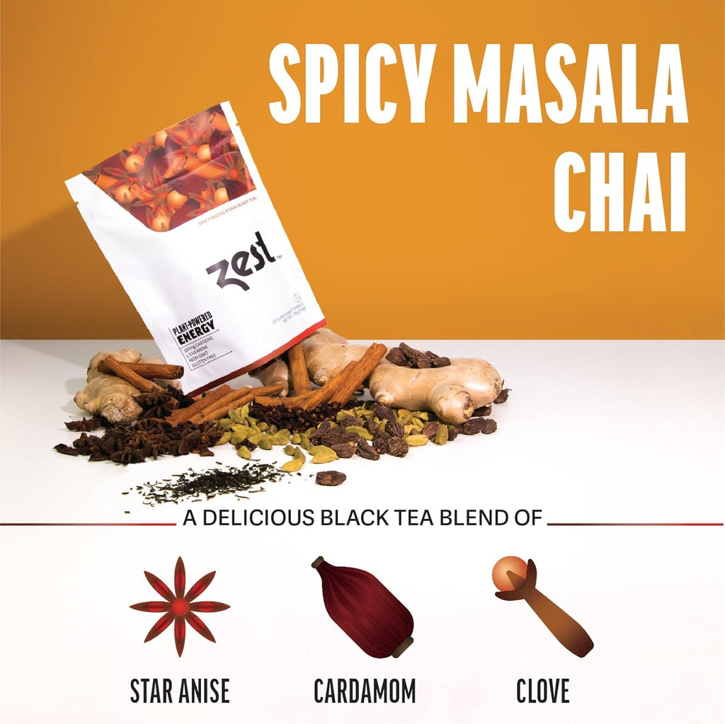 Zest 150mg High Caffeine Energy Leaf Blend - Spicy Masala Chai Black Tea - 20 Pack Bag - All Natural Strong Flavored Healthy Coffee Alternative Highly Caffeinated Substitute - Perfect for Keto Diet